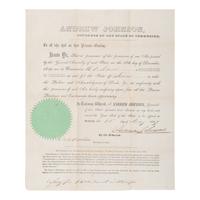 Johnson, Andrew (1808-1875). Partly engraved document signed ("Andrew Johnson"), Nashville, 23 May 1854.