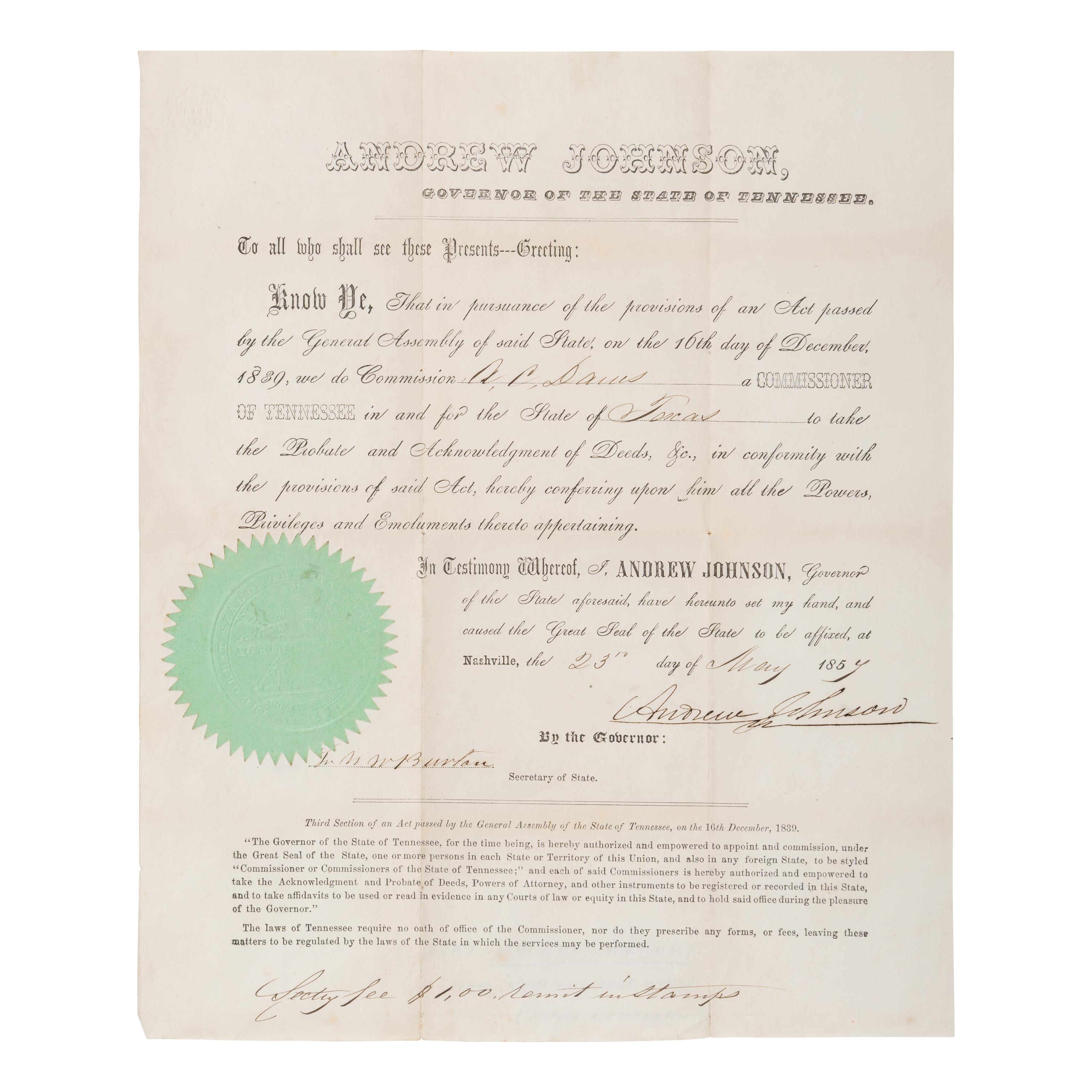 Johnson, Andrew (1808-1875). Partly engraved document signed ("Andrew Johnson"), Nashville, 23 May 1854.