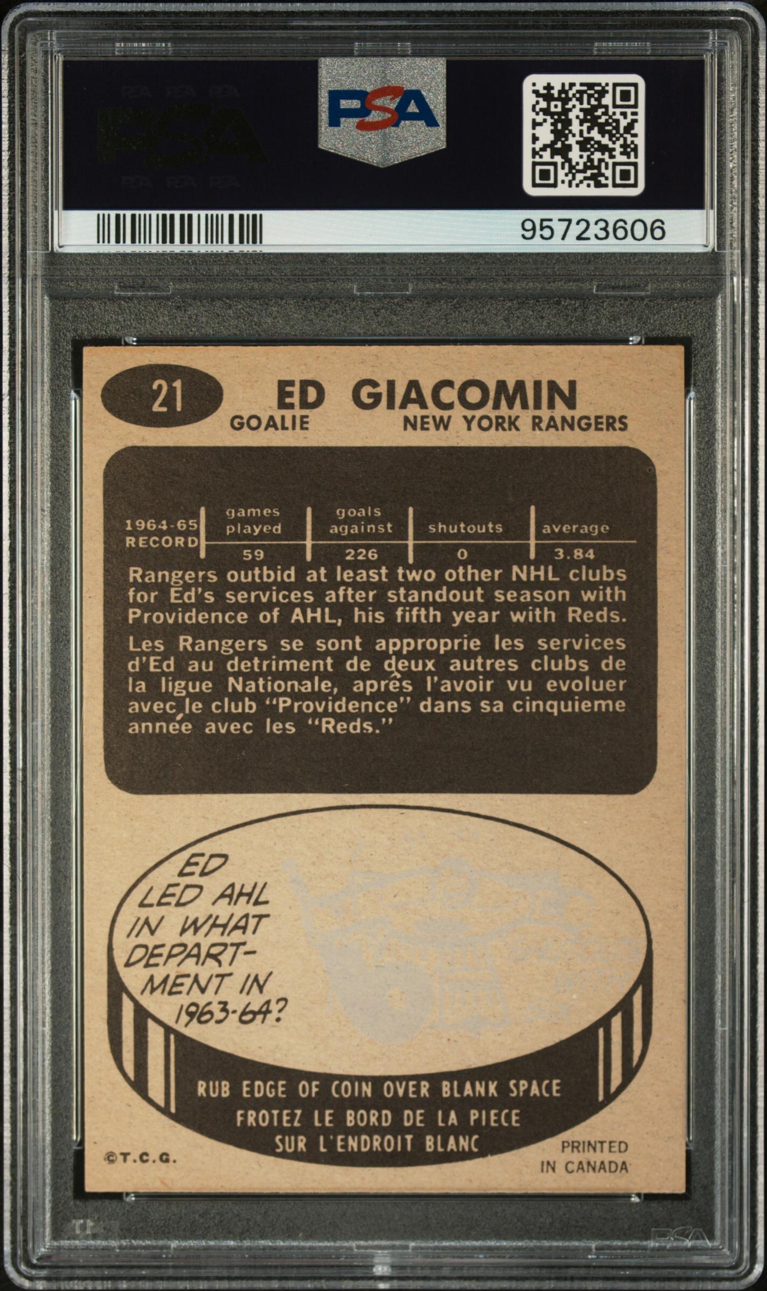 A 1965 Topps Ed Giacomin Rookie Hockey Card No. 21 (PSA 8 NM-MT)