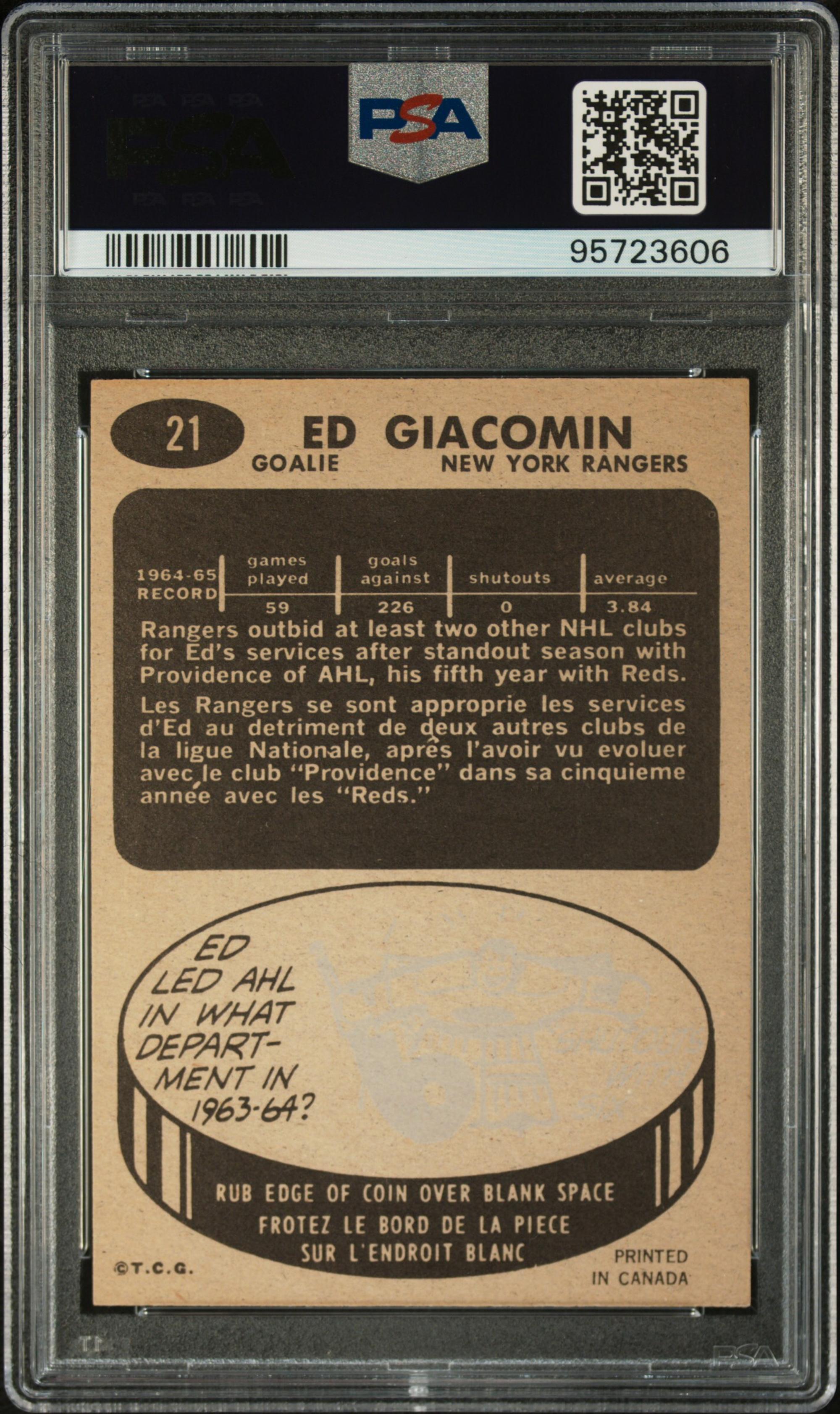 A 1965 Topps Ed Giacomin Rookie Hockey Card No. 21 (PSA 8 NM-MT)