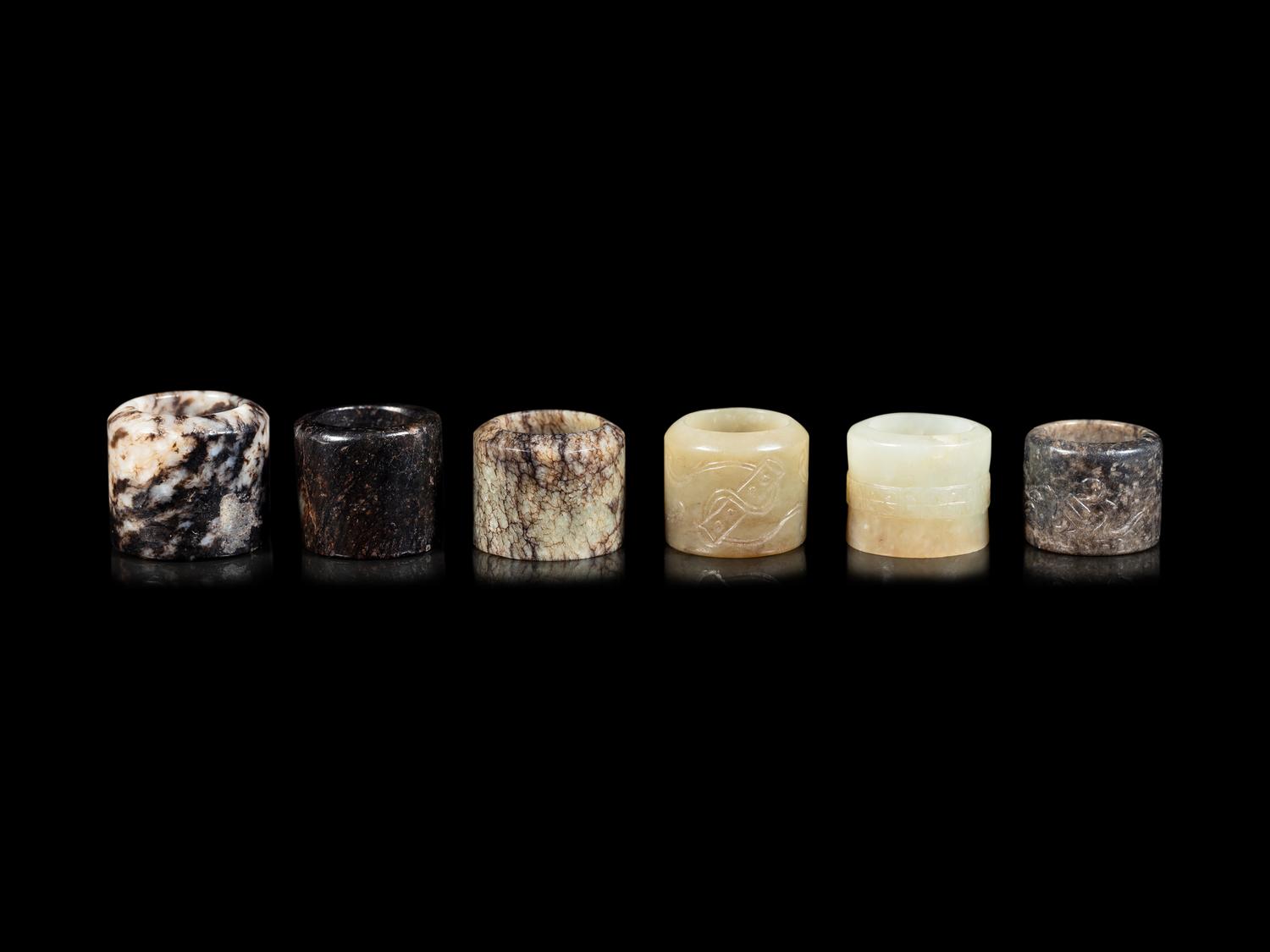 Six Celadon Jade Carved Jade Archer's Rings