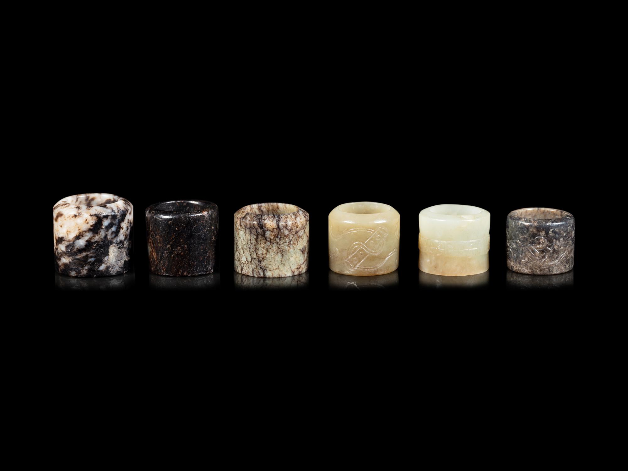 Six Celadon Jade Carved Jade Archer's Rings