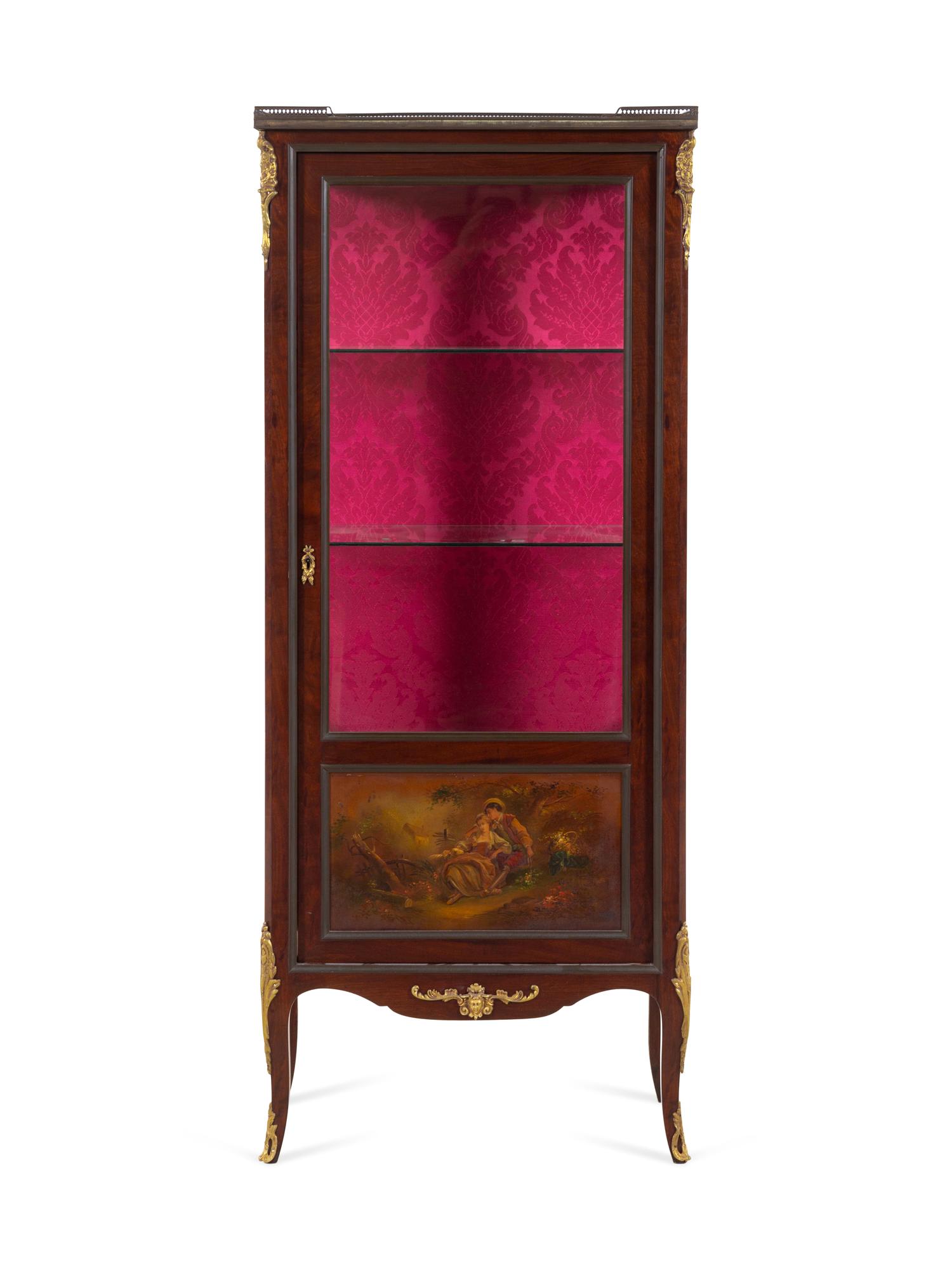 A Louis XV Style Gilt Bronze Mounted Vernis Martin-Decorated Mahogany Marble-Top Vitrine Cabinet