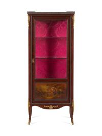 A Louis XV Style Gilt Bronze Mounted Vernis Martin-Decorated Mahogany Marble-Top Vitrine Cabinet
