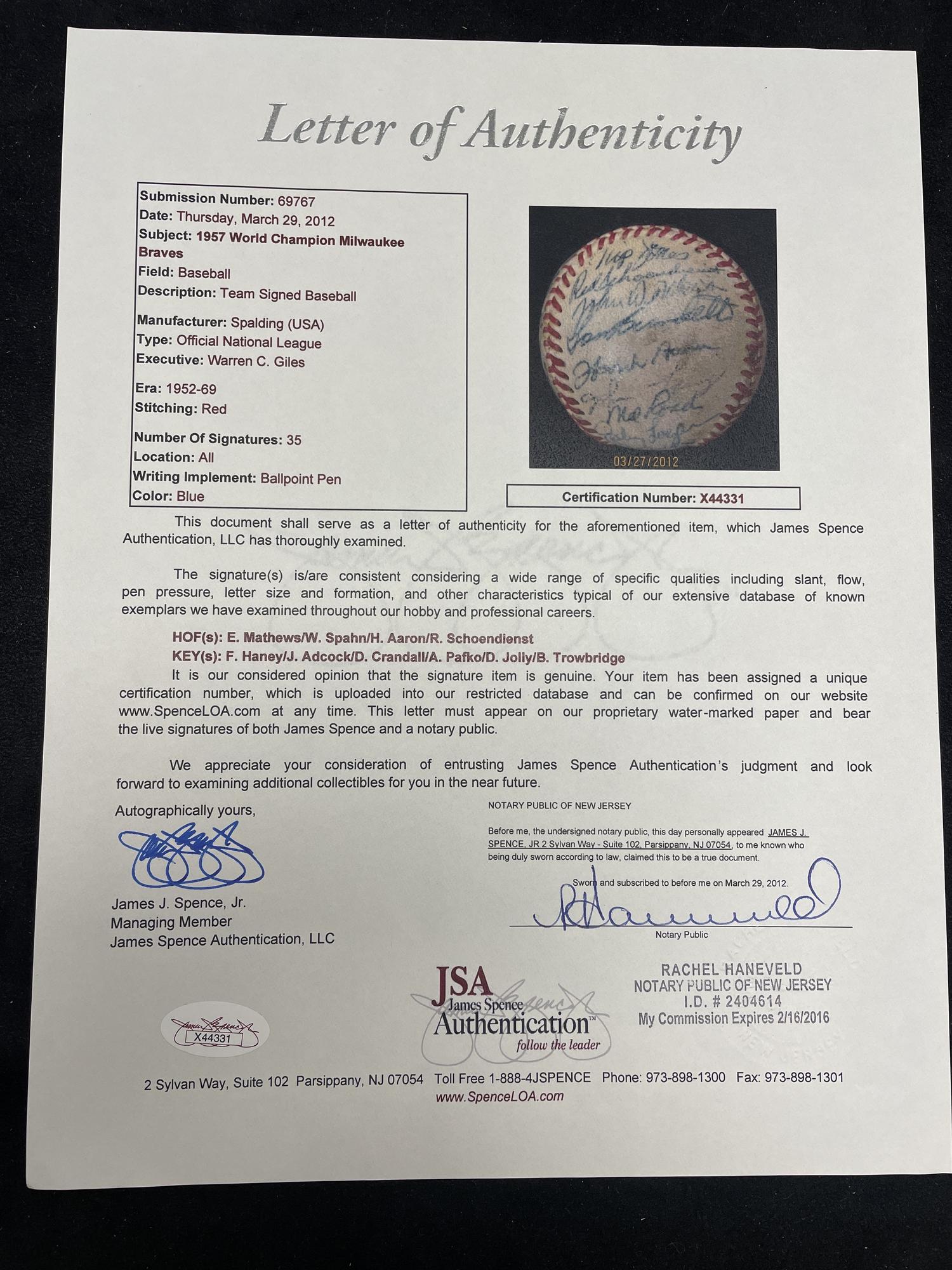 A 1957 World Series Champions Milwaukee Braves Team Signed Autograph Baseball Including Hank Aaron (JSA Letter of Authenticity),
