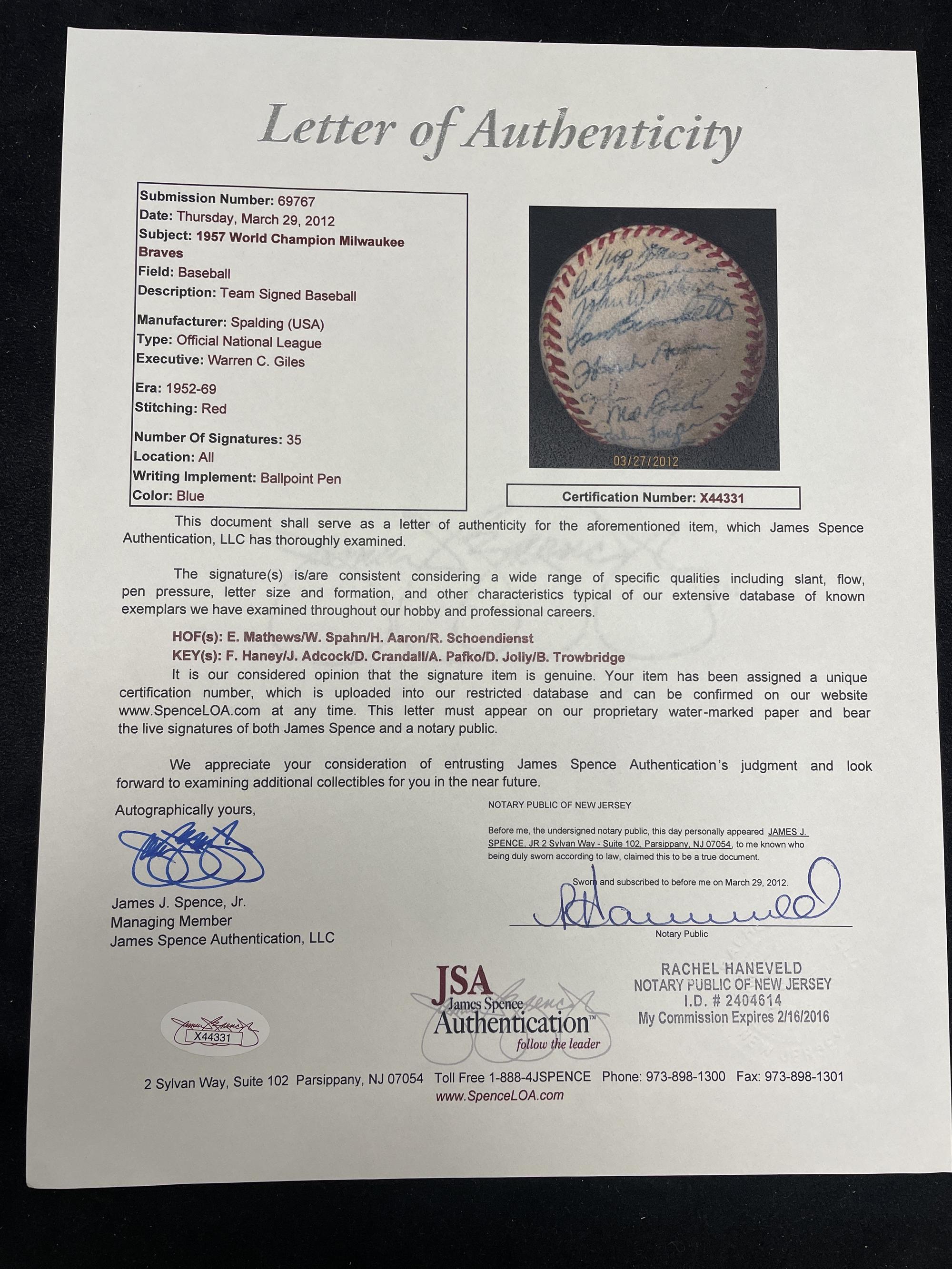 A 1957 World Series Champions Milwaukee Braves Team Signed Autograph Baseball Including Hank Aaron (JSA Letter of Authenticity),