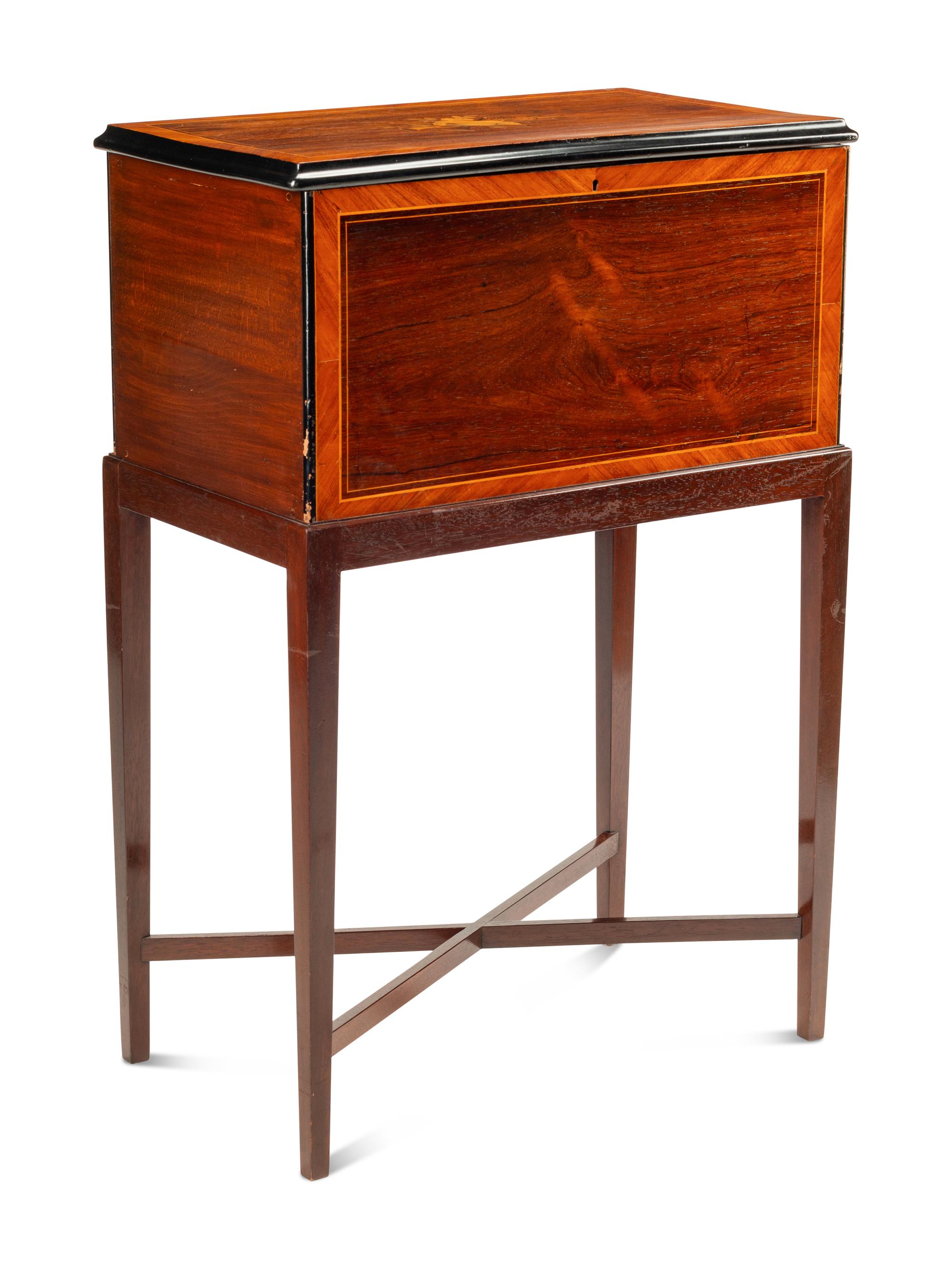 A Swiss Marquetry ‘Bells in Sight’ Cylinder Music Box on Stand
