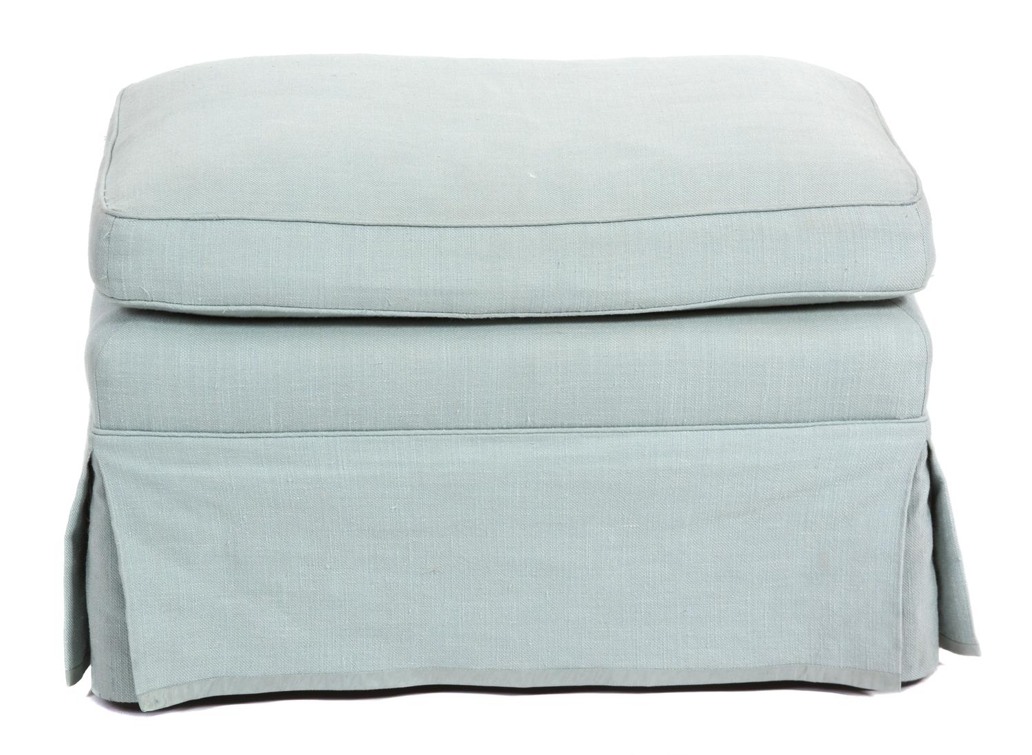 A Pair of Contemporary Blue Linen Upholstered Armchairs and Matching Ottoman Height of chair 36 3/4 inches. — 20TH CENTURY
