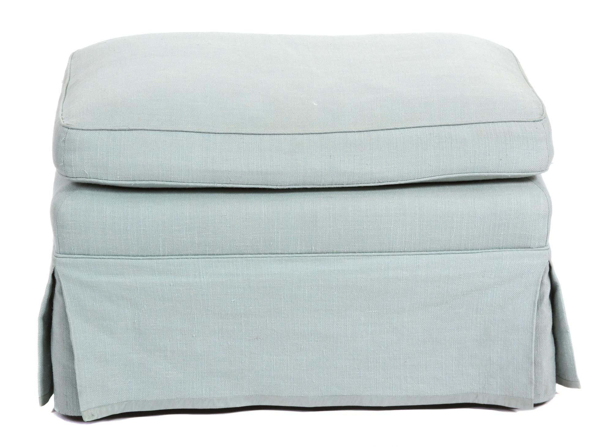 A Pair of Contemporary Blue Linen Upholstered Armchairs and Matching Ottoman Height of chair 36 3/4 inches. — 20TH CENTURY