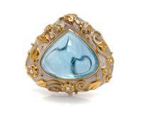 An 18 Karat Two Tone Gold, Aquamarine and Diamond Brooch, Elizabeth Gage, 44.30 dwts.