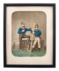 [EARLY PHOTOGRAPHY]. Hand-colored salt print of two firefighters.