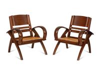 A Pair of Art Deco Walnut and Caned Folding Lounge Chairs