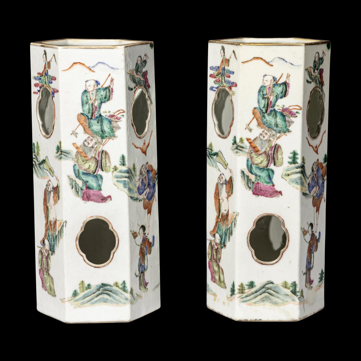 A Pair of Chinese Famille Rose Hexagonal Porcelain Hat Stands