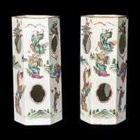 A Pair of Chinese Famille Rose Hexagonal Porcelain Hat Stands