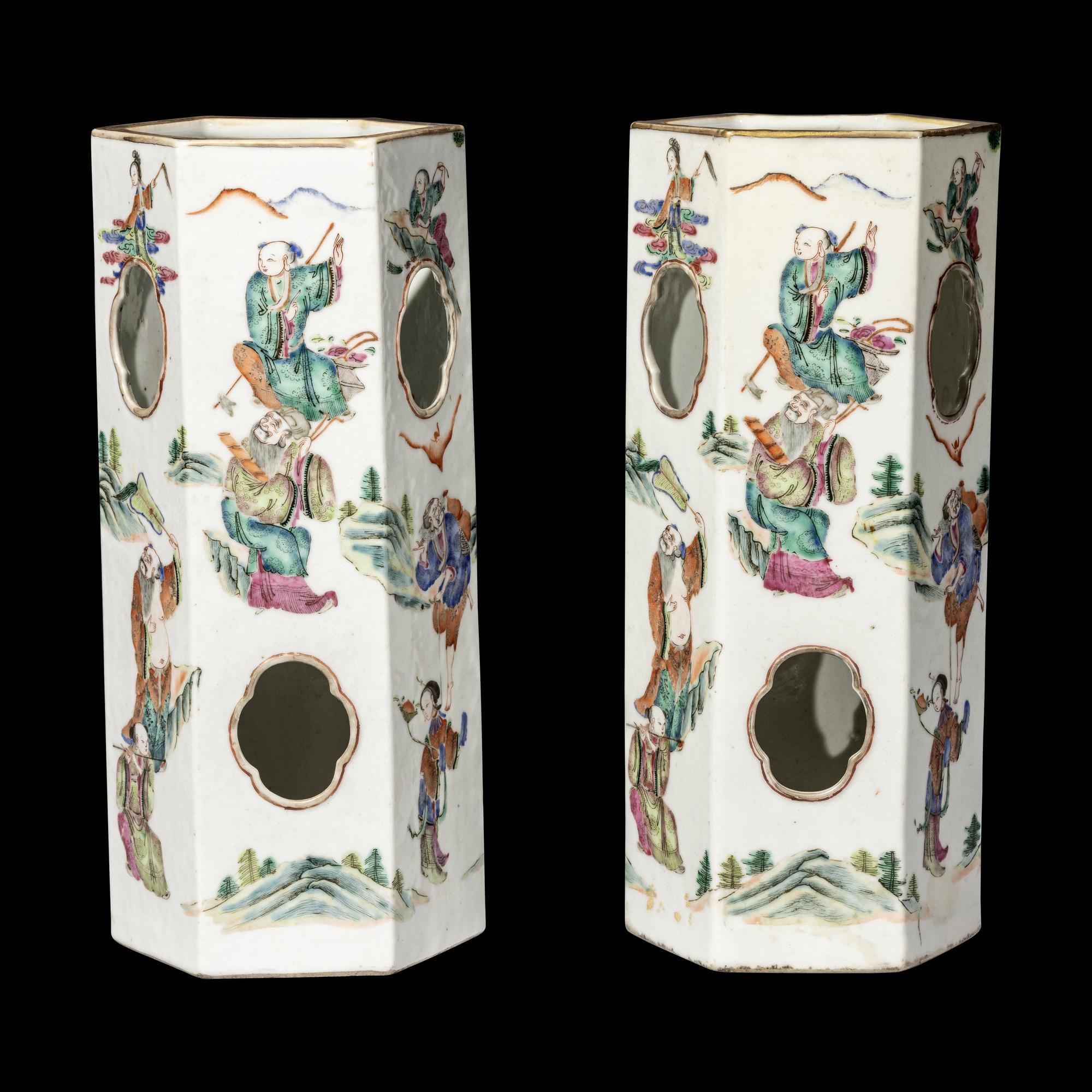 A Pair of Chinese Famille Rose Hexagonal Porcelain Hat Stands