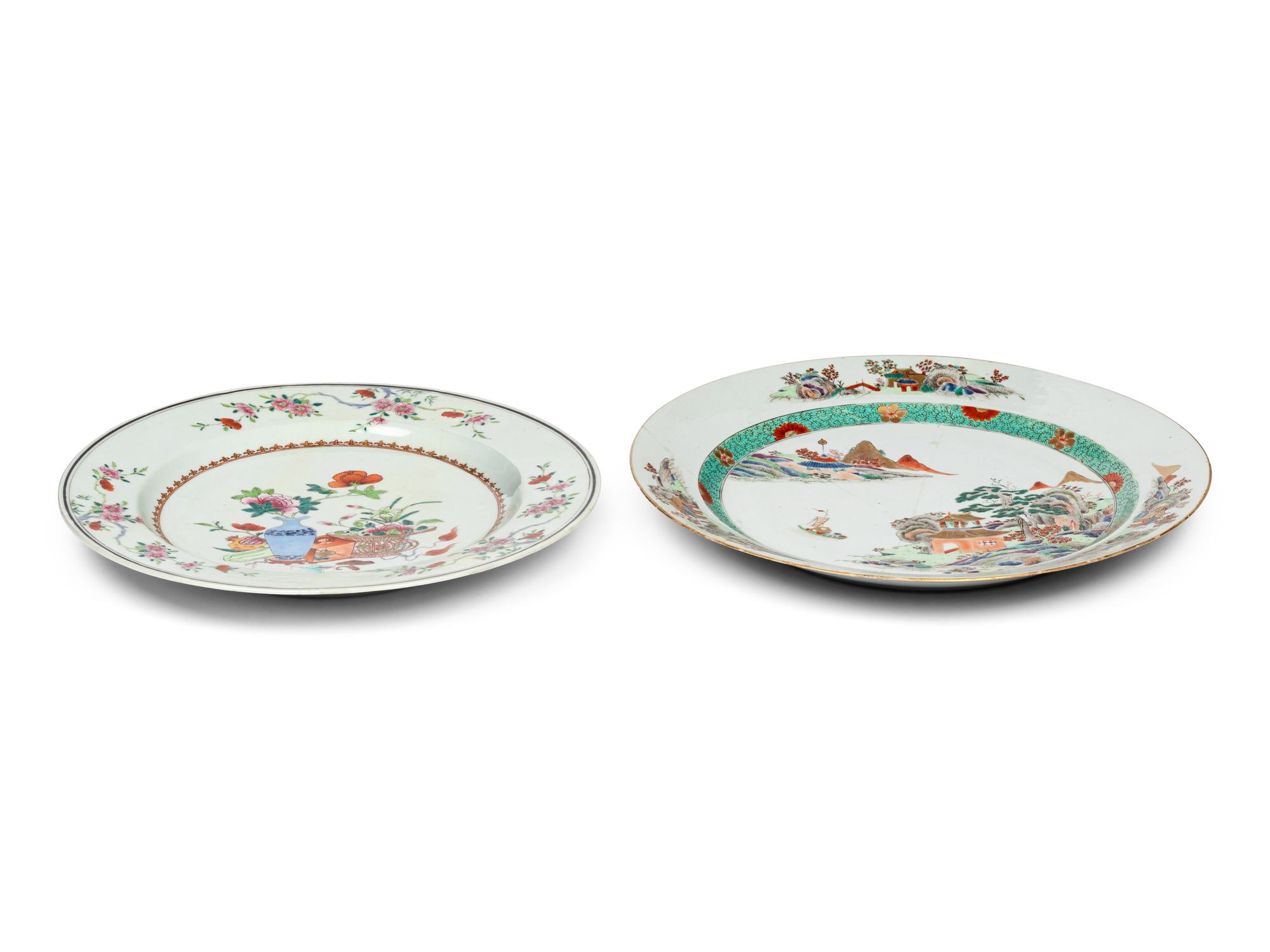 Two Chinese Export Enameled Porcelain Chargers