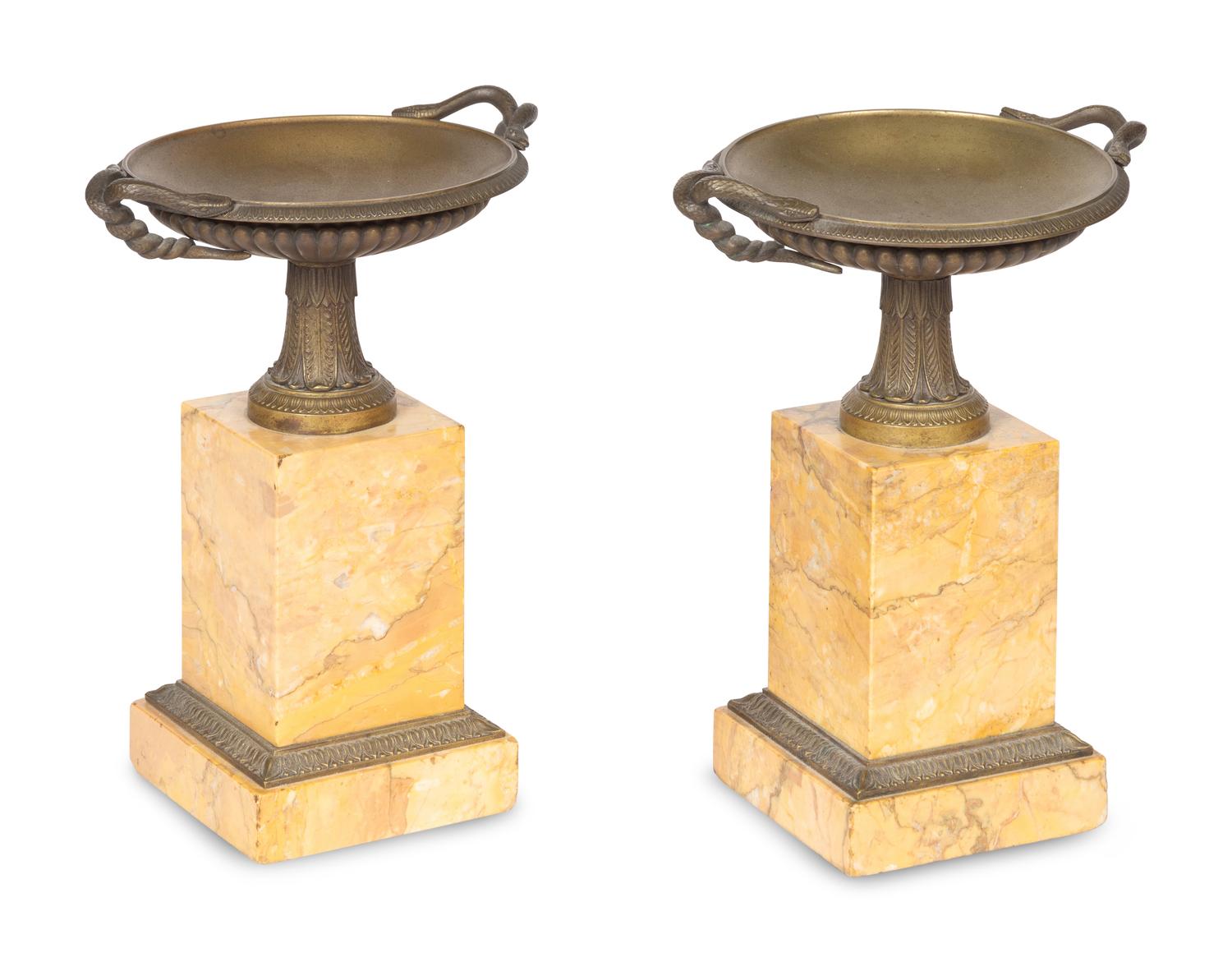 A Pair of Grand Tour Bronze and Marble Tazza Ornaments