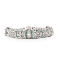 PLATINUM, DIAMOND, EMERALD, AND CULTURED PEARL BRACELET