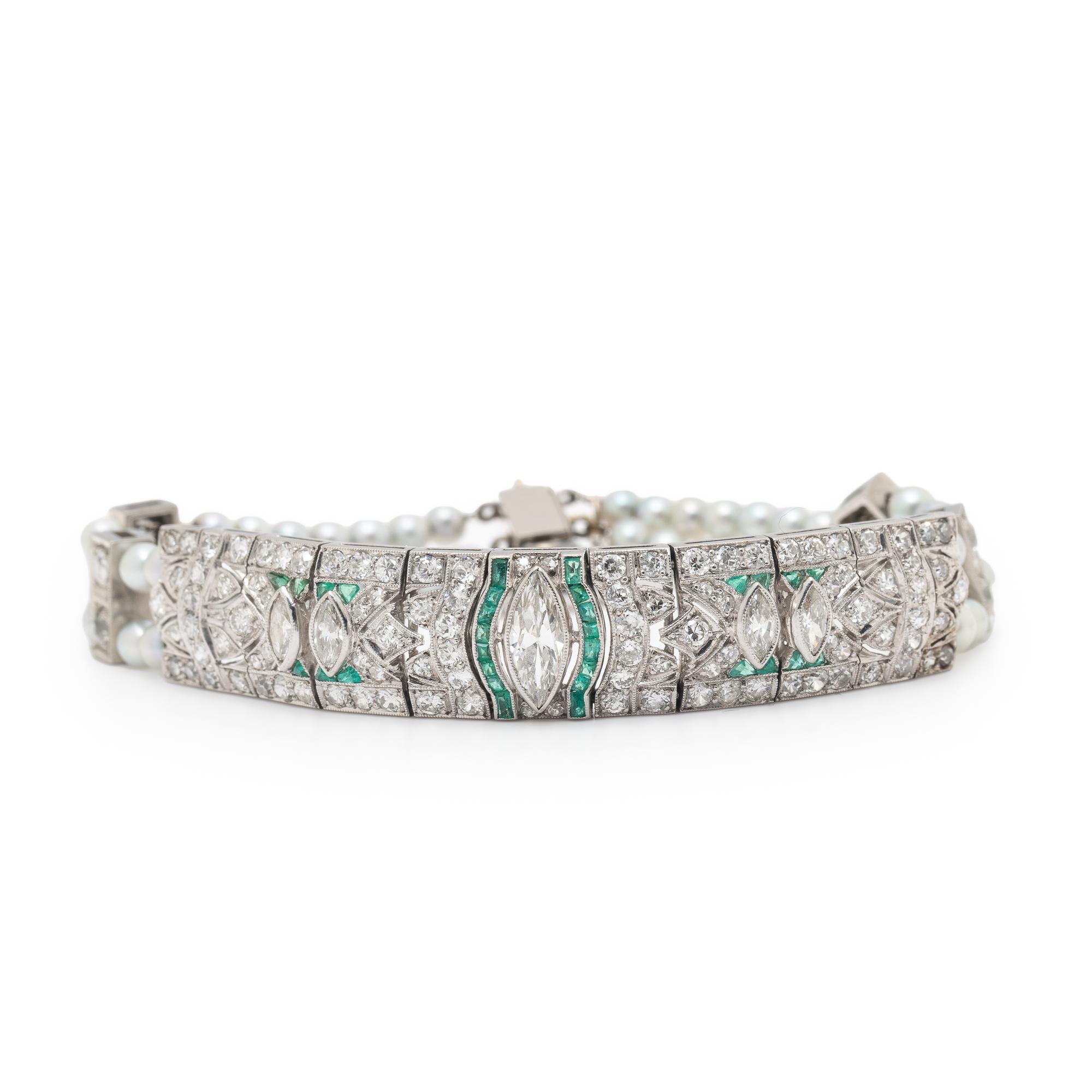 PLATINUM, DIAMOND, EMERALD, AND CULTURED PEARL BRACELET