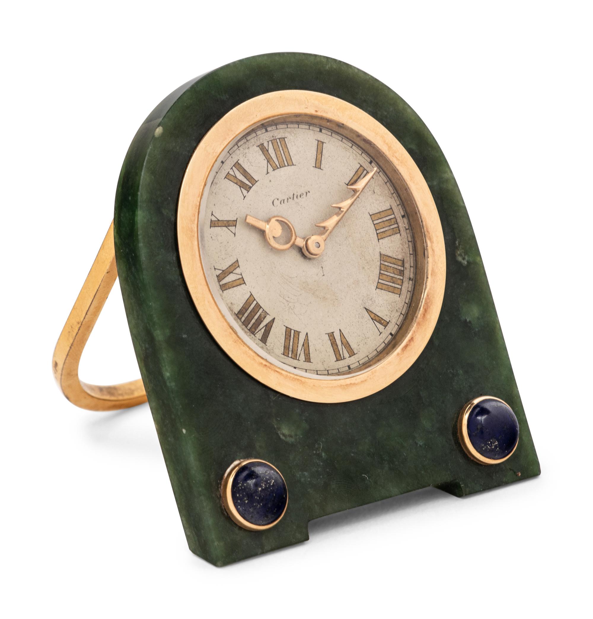 A Cartier Yellow Gold, Lapis Lazuli and Jade-Cased Desk Clock