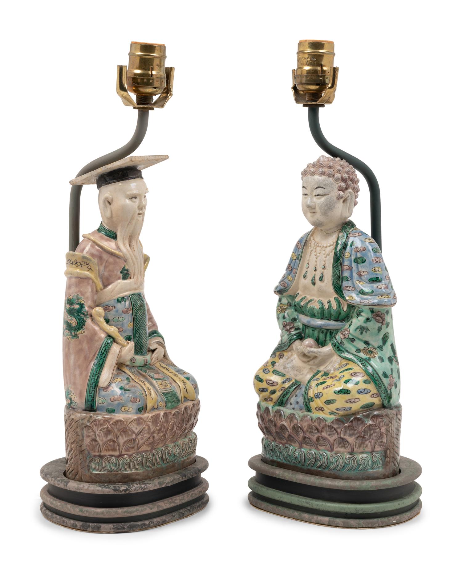 A Pair of Chinese Porcelain Figures Mounted as Lamps