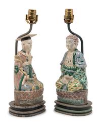 A Pair of Chinese Porcelain Figures Mounted as Lamps