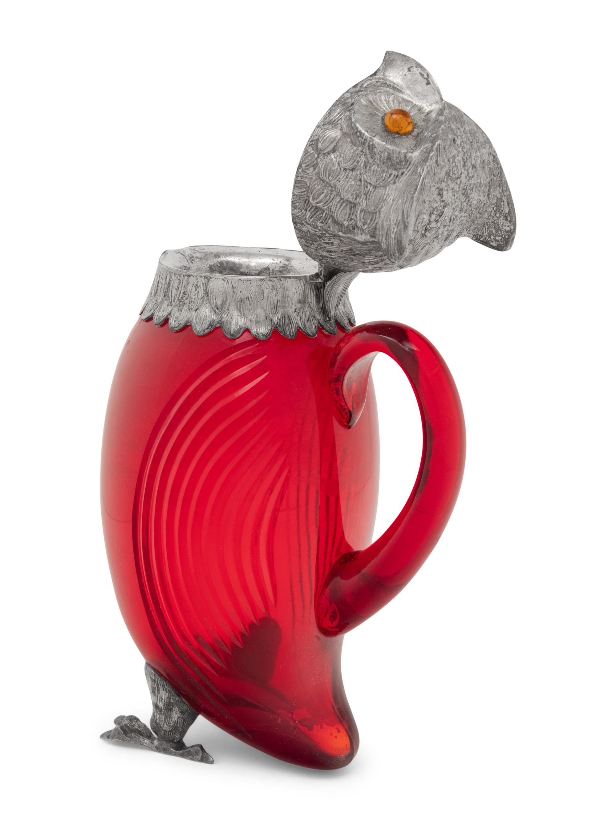 A Silver-Plate and Red Glass Owl Decanter