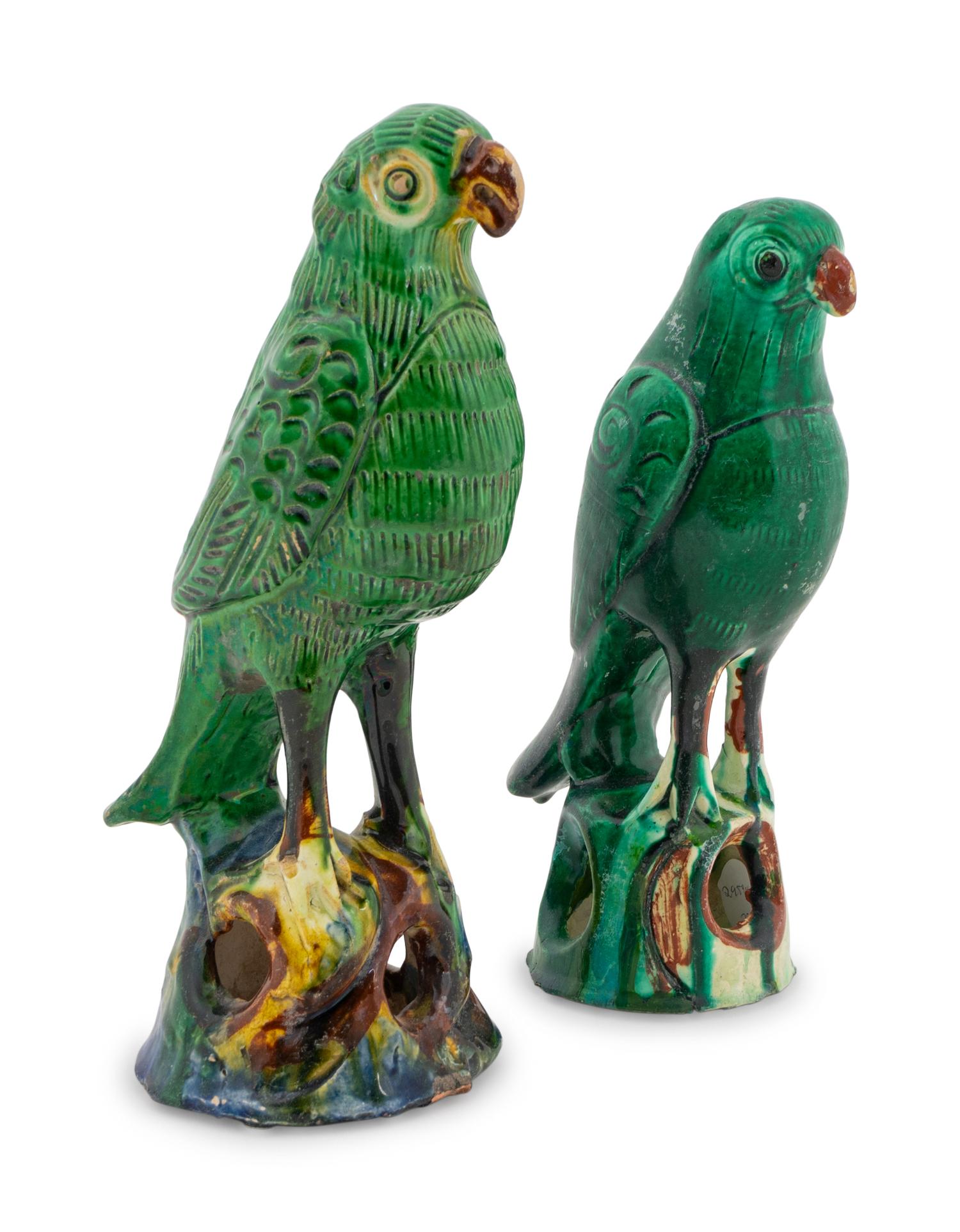 Two Chinese Sancai Glazed Ceramic Parrots