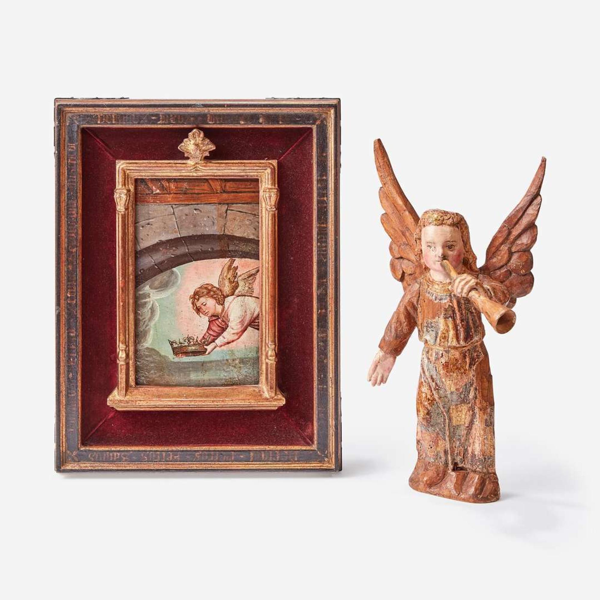 A Spanish Painted Panel Fragment of an Angel with Crown 15th/16th century