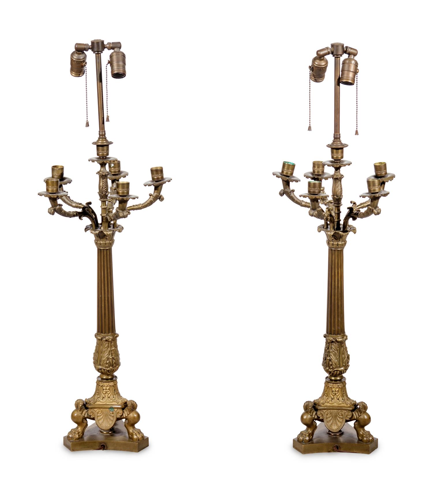 A Pair of Empire Style Gilt and Patinated Bronze Candelabra Mounted as Lamps