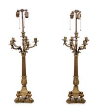 A Pair of Empire Style Gilt and Patinated Bronze Candelabra Mounted as Lamps
