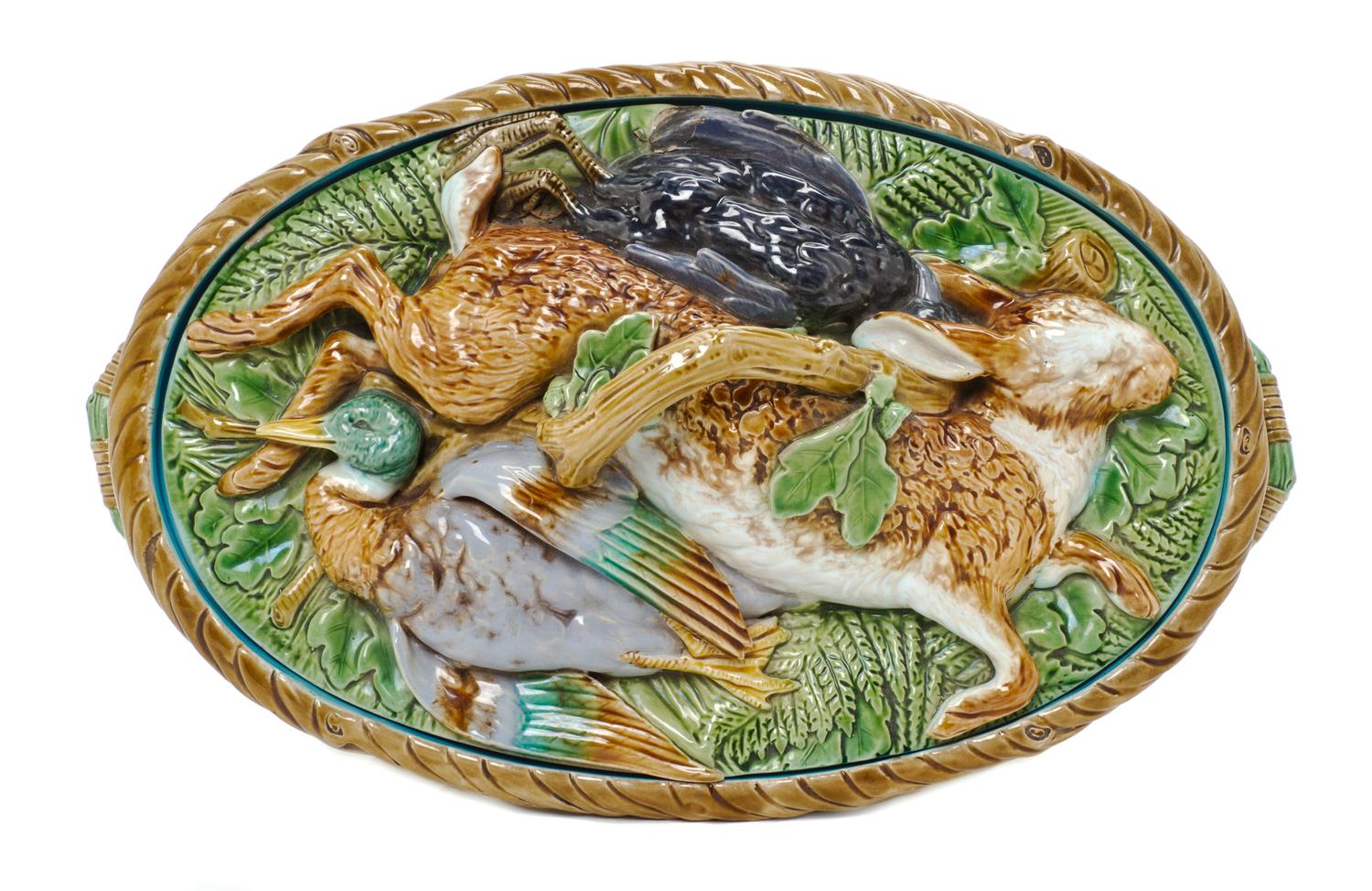 A Minton Majolica Tureen, Width 12 7/8 inches.