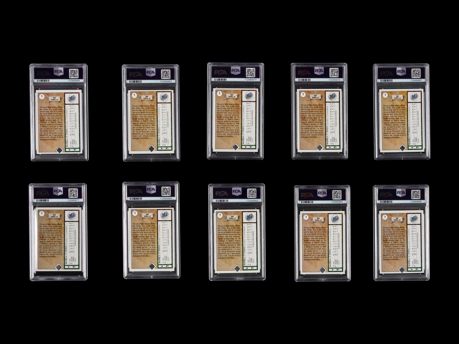 A Group of 10 PSA Graded 1989 Upper Deck Ken Griffey Jr. Rookie Baseball Cards No. 1 (PSA 8 x5; PSA 7 x2; PSA 6 x2; PSA 5)