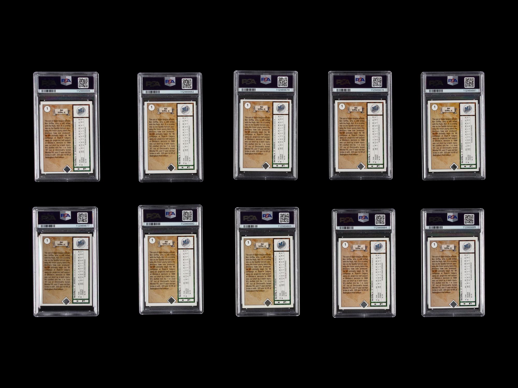 A Group of 10 PSA Graded 1989 Upper Deck Ken Griffey Jr. Rookie Baseball Cards No. 1 (PSA 8 x5; PSA 7 x2; PSA 6 x2; PSA 5)