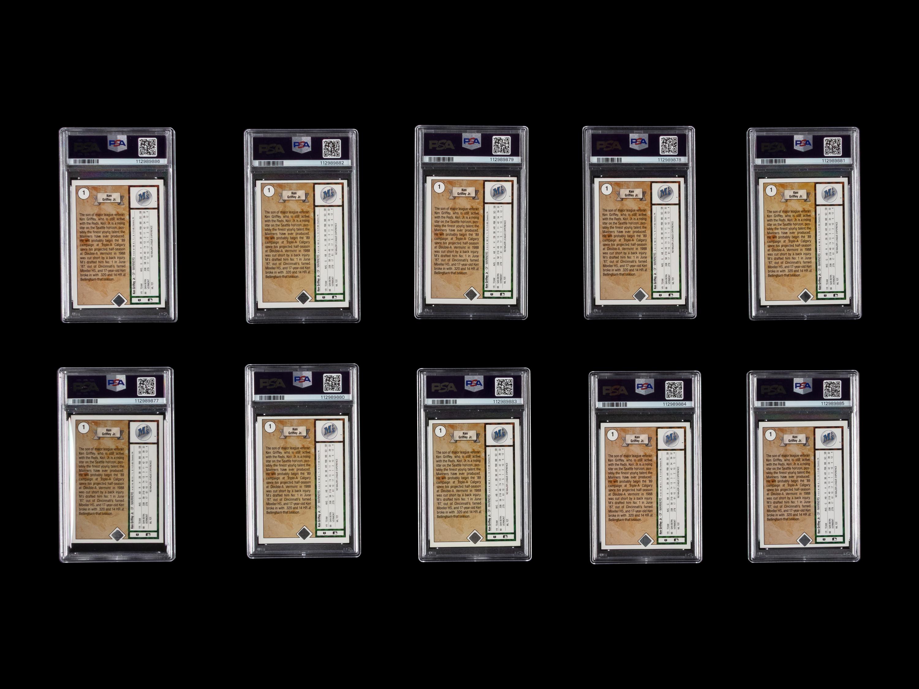 A Group of 10 PSA Graded 1989 Upper Deck Ken Griffey Jr. Rookie Baseball Cards No. 1 (PSA 8 x5; PSA 7 x2; PSA 6 x2; PSA 5)