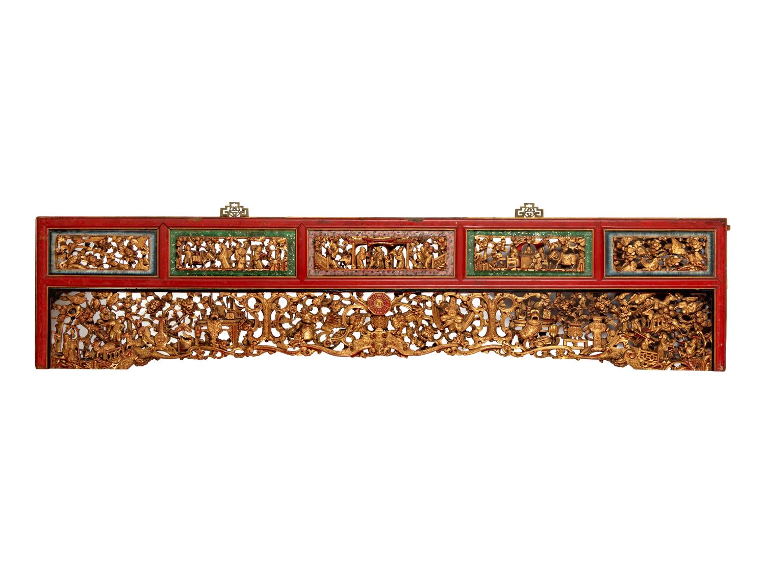 A Large Chinese Gilt and Red Lacquered Wood Panel