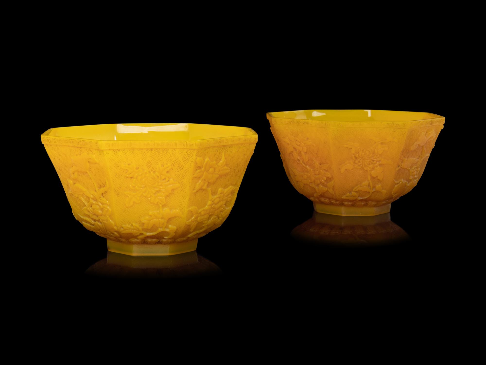 A Pair of Chinese Yellow Hexagonal Peking Glass Bowls