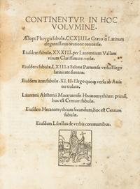 AESOP (ca.620-560 B.C.). Fabulae. Venice: Joannes Tacuinus da Trino, 6 March 1519.