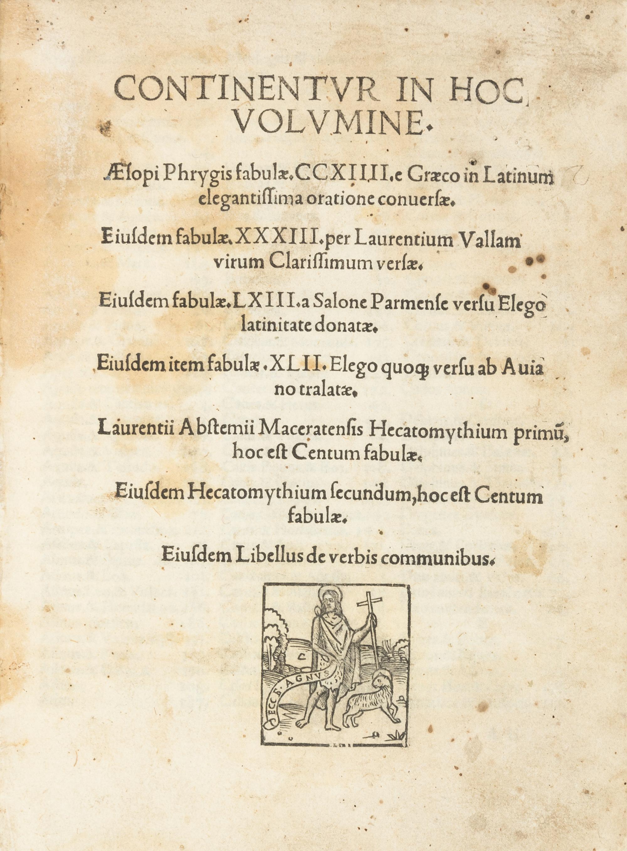 AESOP (ca.620-560 B.C.). Fabulae. Venice: Joannes Tacuinus da Trino, 6 March 1519.
