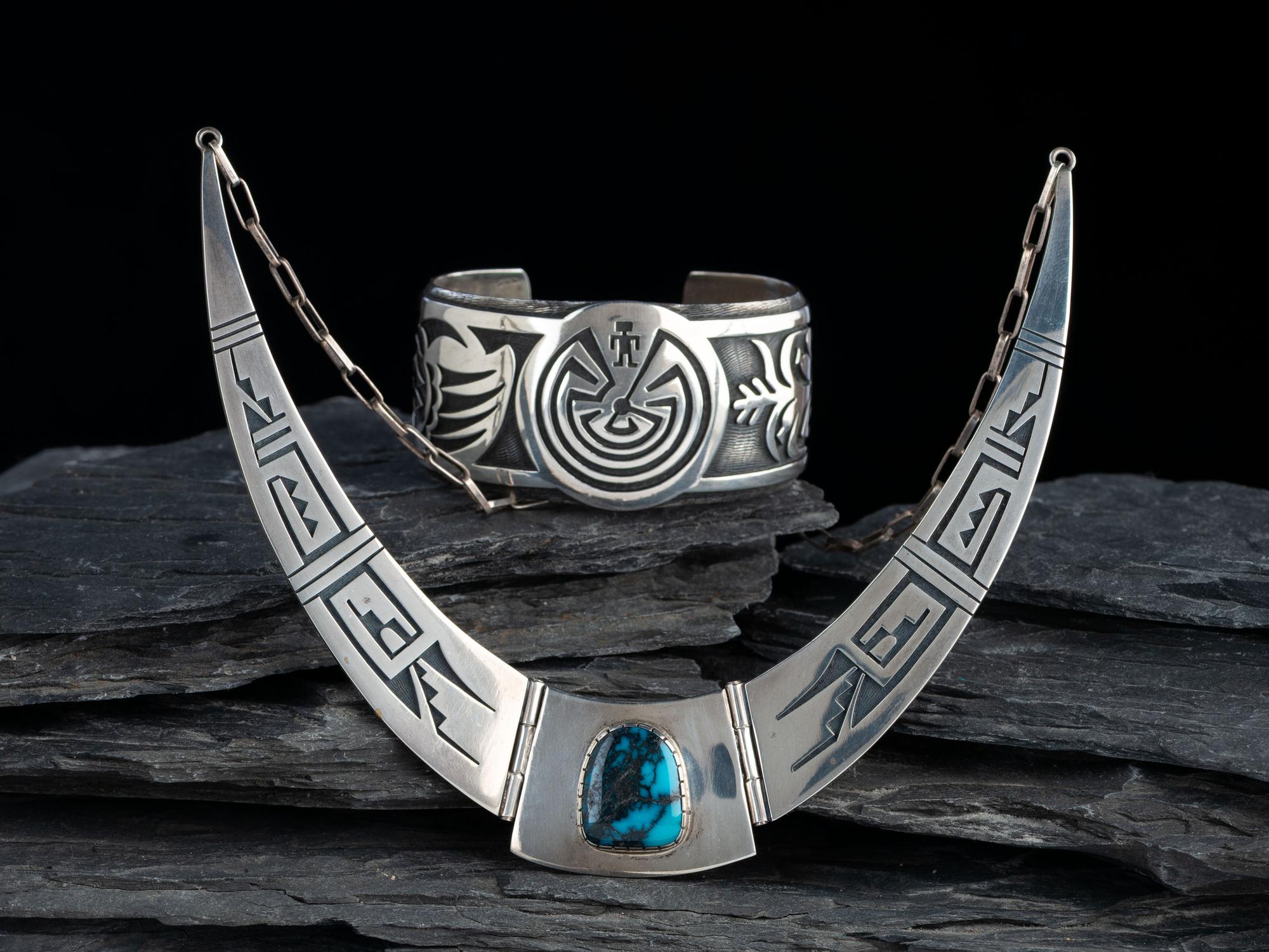Hopi Silver Overlay Choker Necklace and Cuff Bracelet
