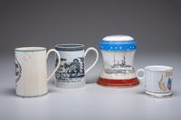 A Wheeling Pottery Dewey’s Flagship Covered Jar and Patriotic Shaving Mug