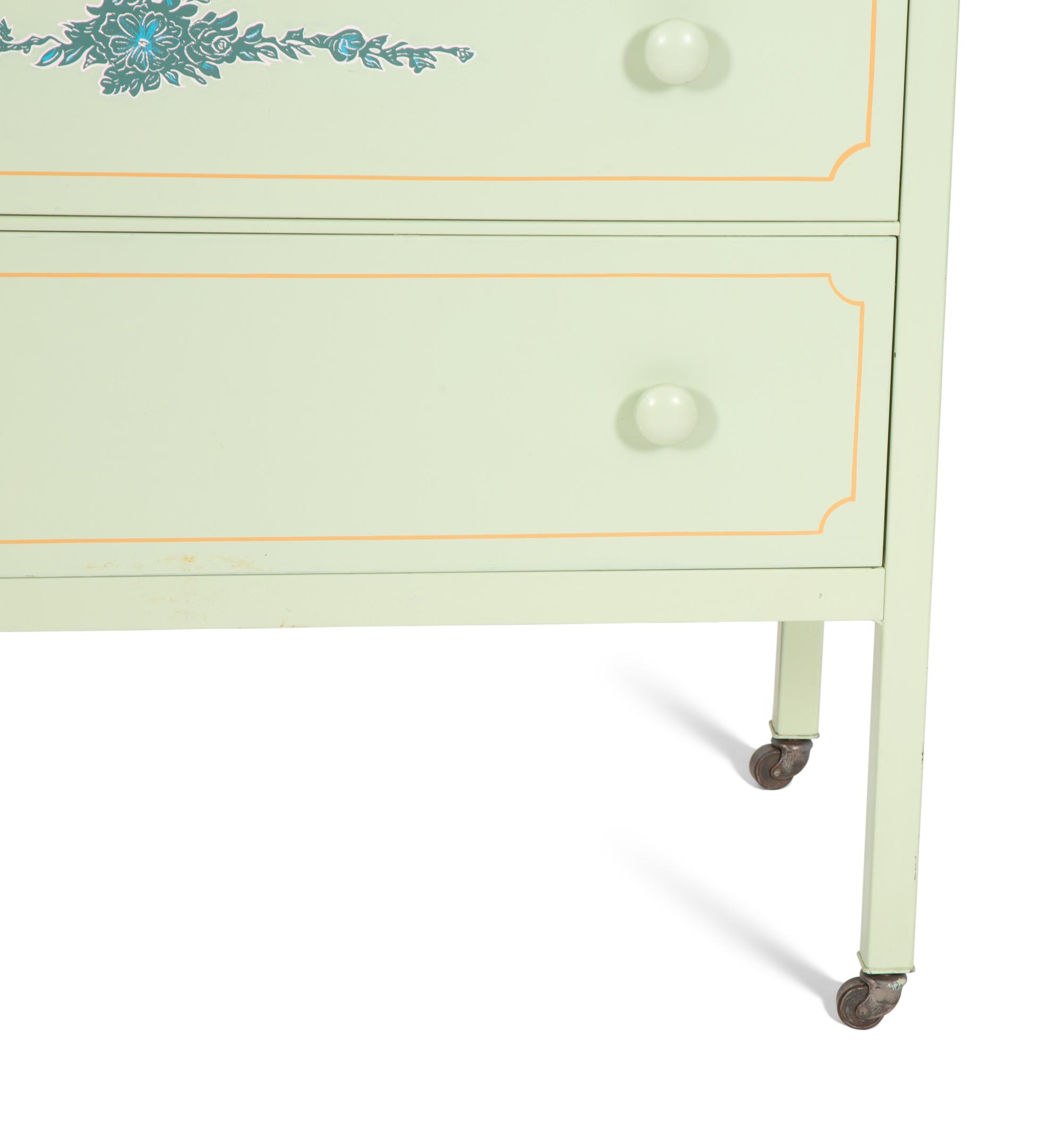 A Painted Metal Chest of Drawers with Dressing Mirror
