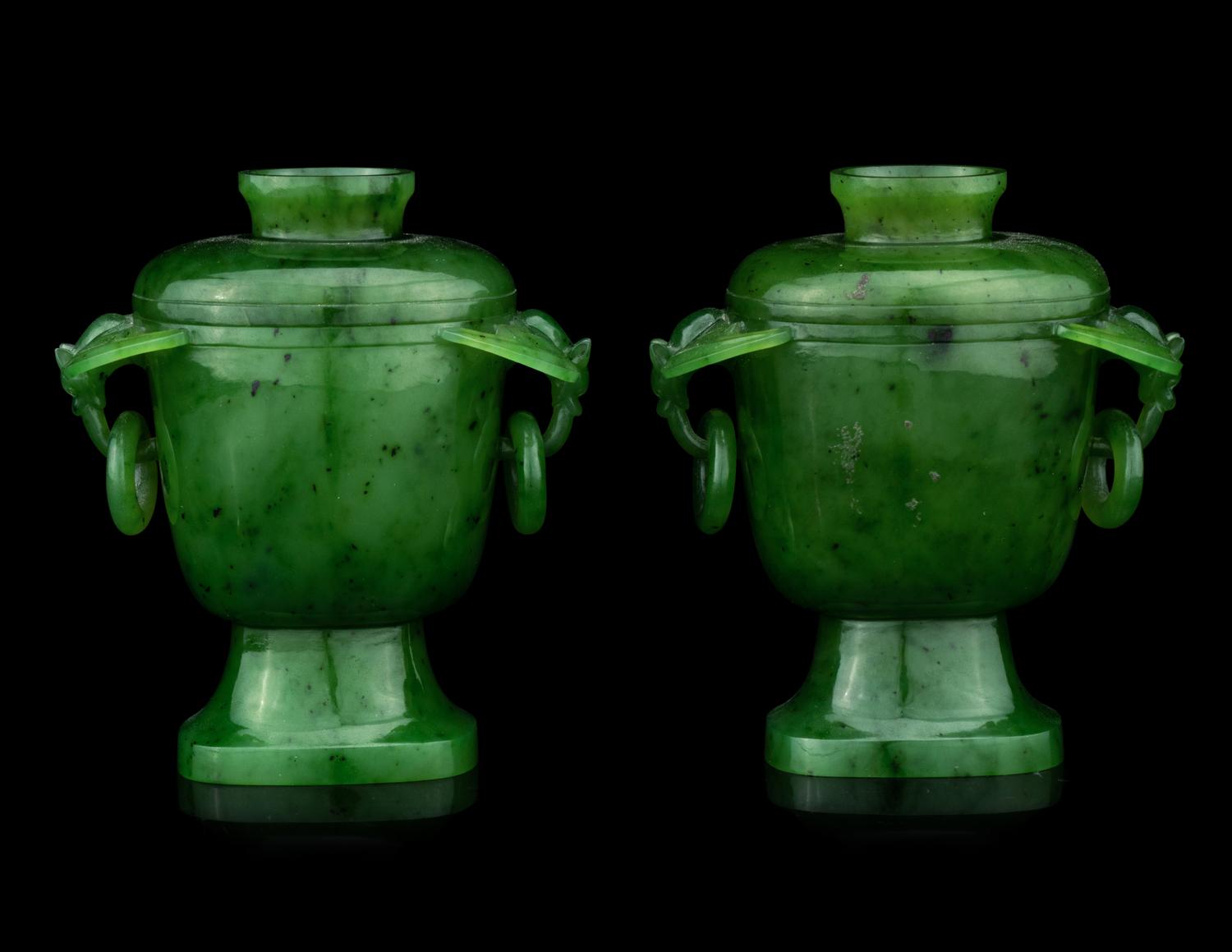 A Pair of Chinese Carved Spinach Jade Covered Jars