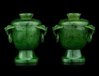 A Pair of Chinese Carved Spinach Jade Covered Jars