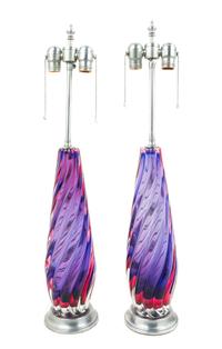A Pair of Italian Glass Table Lamps Height overall 28 1/2 inches.