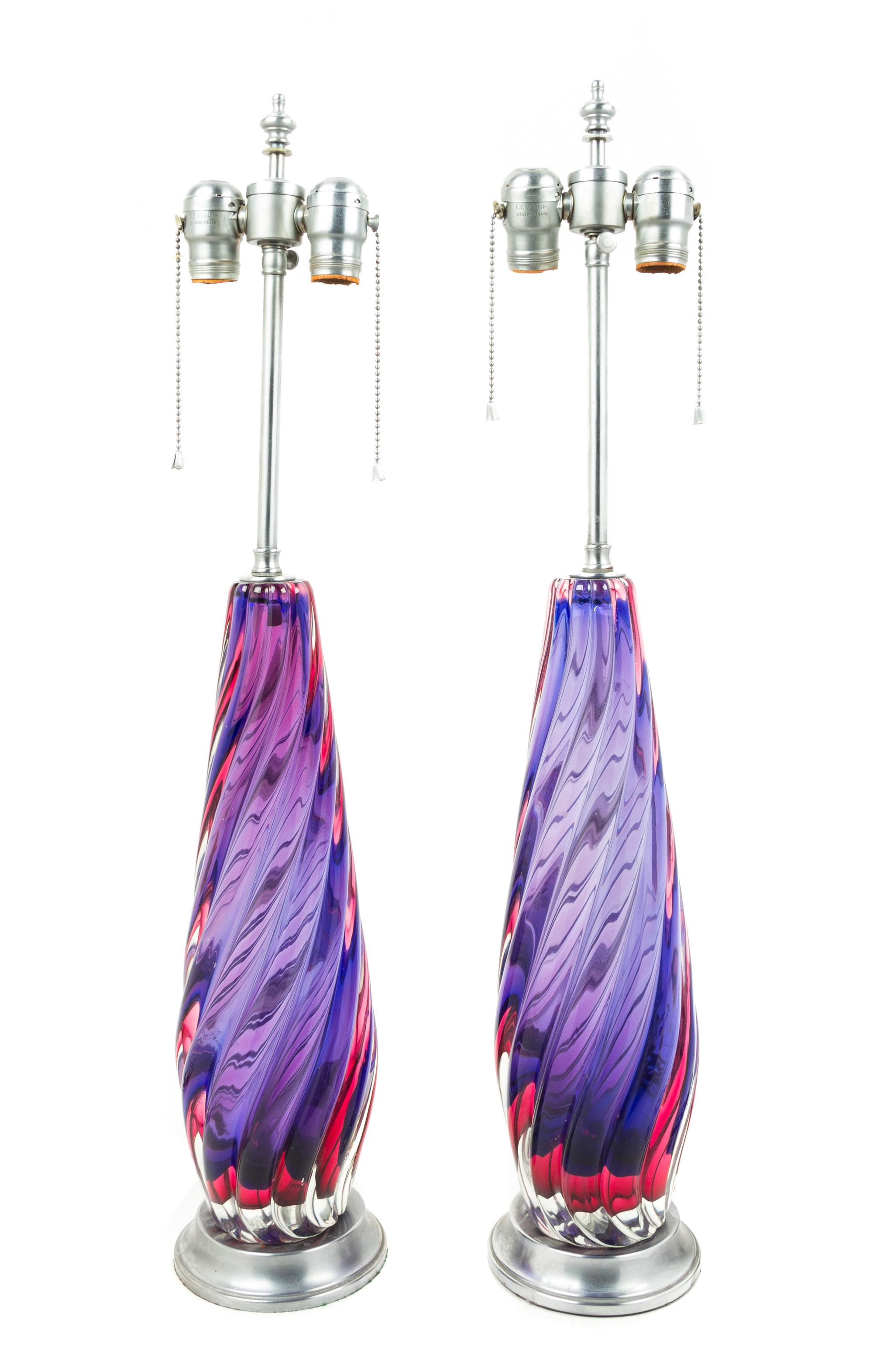 A Pair of Italian Glass Table Lamps Height overall 28 1/2 inches.