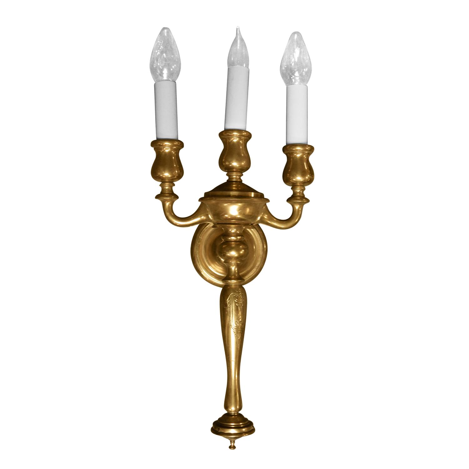 A Pair of Brass Three-Arm Sconces 9.5" W x 6" D x 24" H — United States, 20th Century