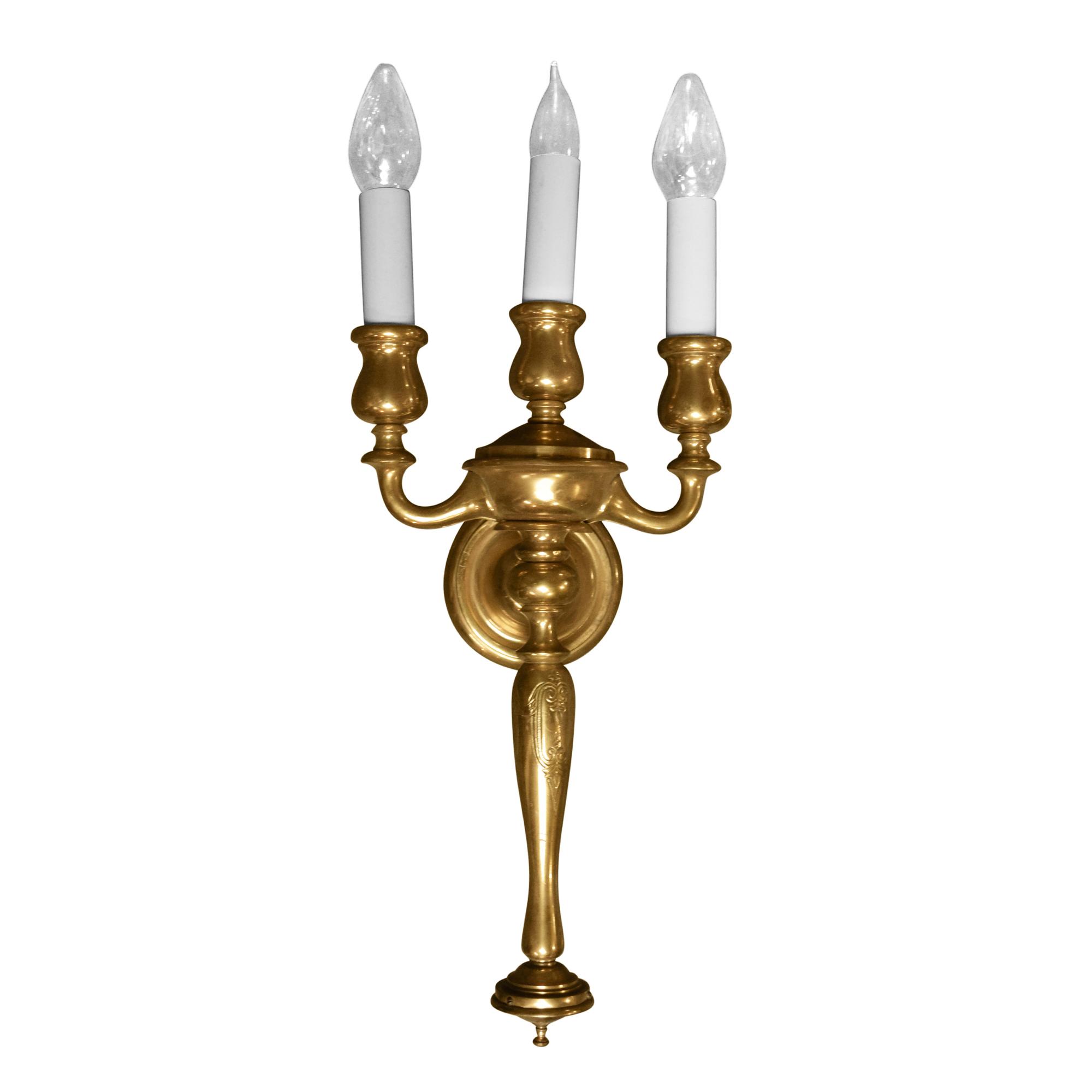 A Pair of Brass Three-Arm Sconces 9.5" W x 6" D x 24" H — United States, 20th Century