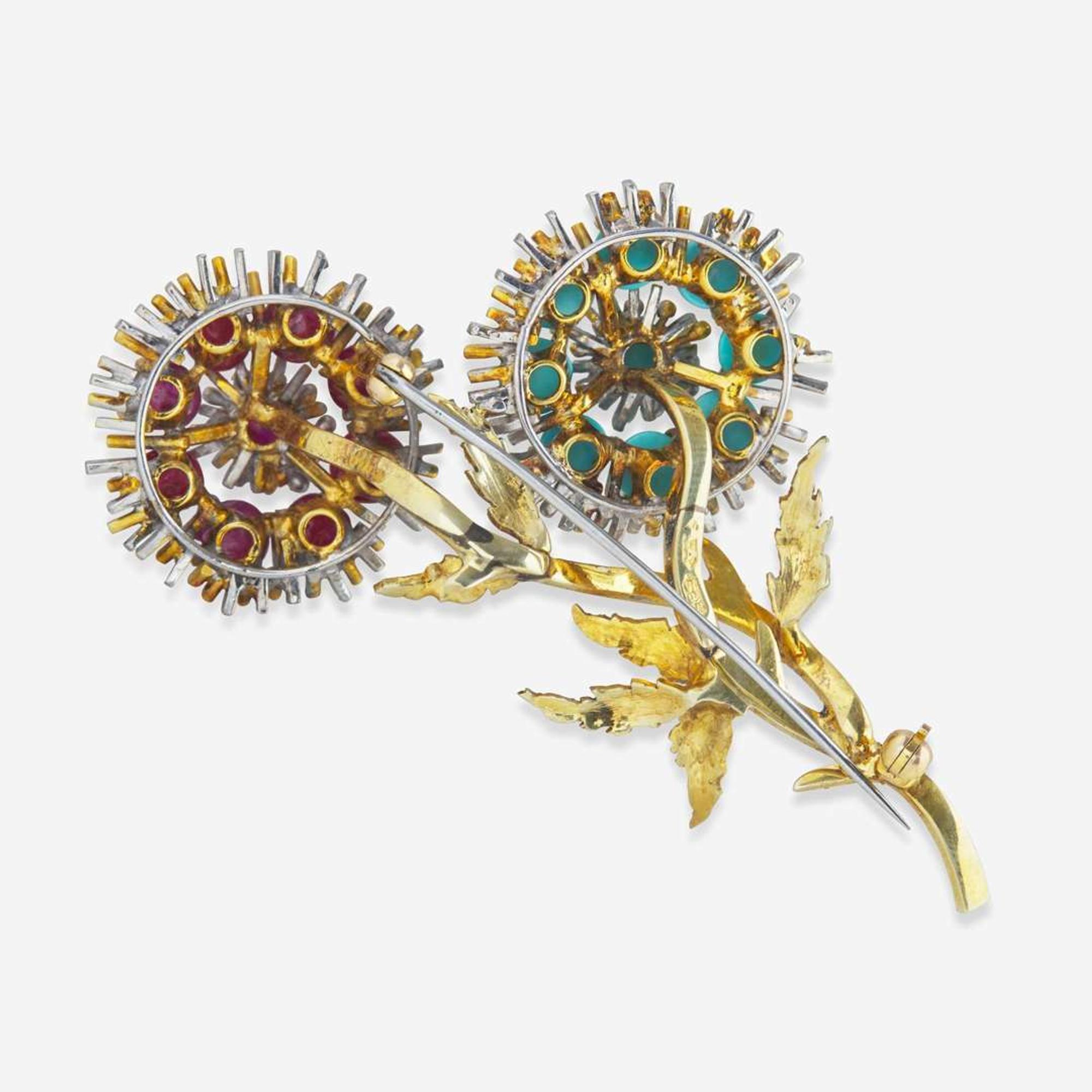 A Two-Tone 14K Gold, Ruby, and Turquoise Brooch