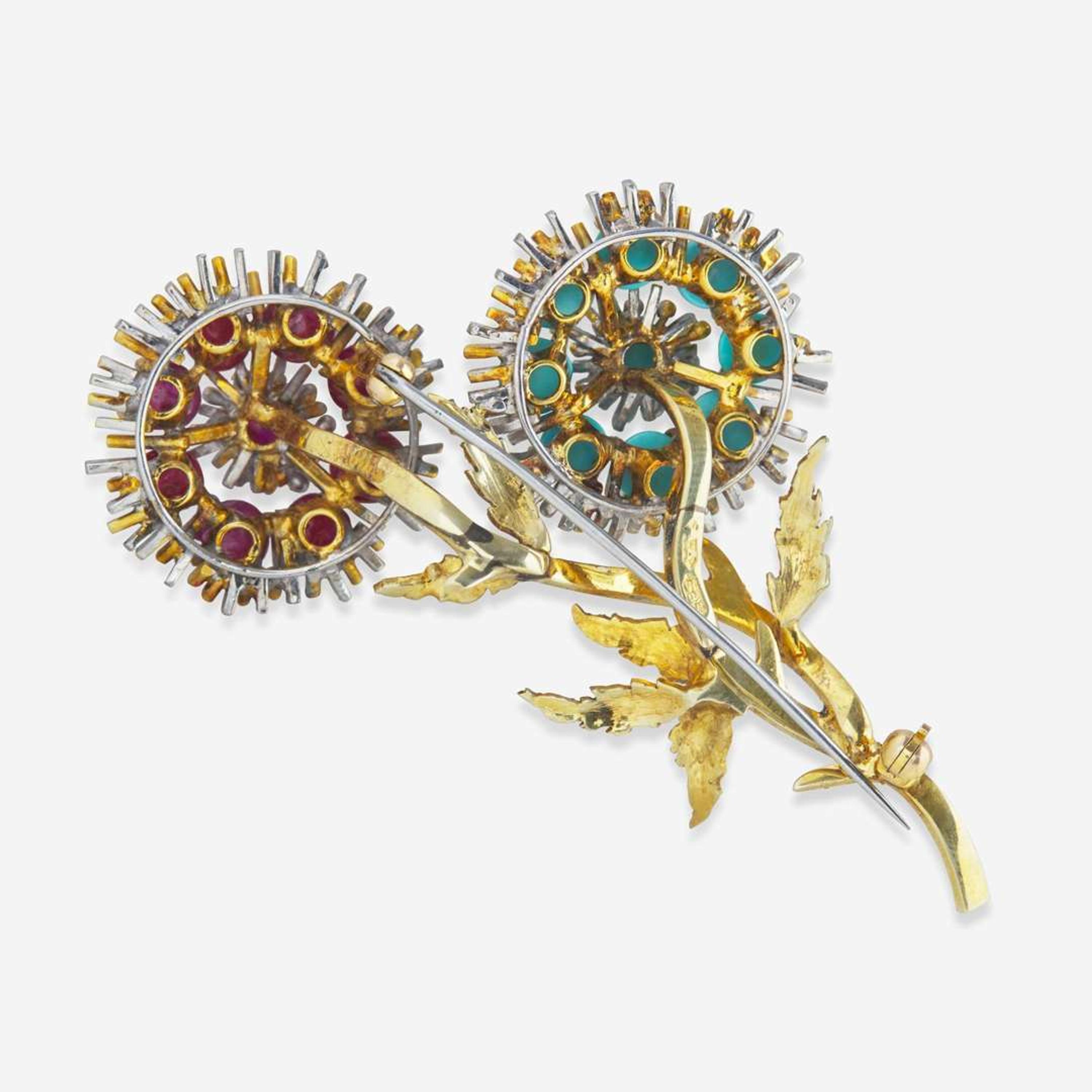 A Two-Tone 14K Gold, Ruby, and Turquoise Brooch